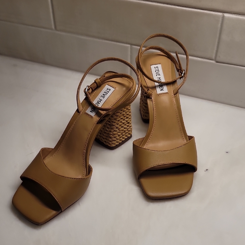 Steve Madden Tan Leather Block Heel Sandals with Woven Heel